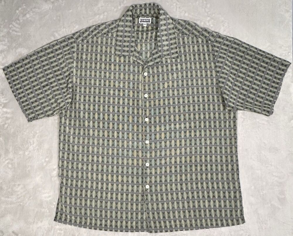 Vintage Y2K Mench Men's 4X Black Cream Geometric Camp Collar Button Shirt Retro